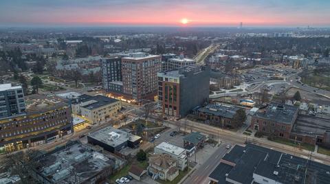 Aerial photo of downtown East Lansing