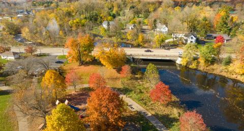 Aerial photo of the Red Cedar river near downtown Williamston